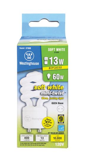 Westinghouse  Mini-twist  CFL Bulb  13 watts 800 lumens Spiral  3.88 in. L Soft White  1 pk