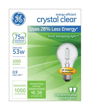 GE  Halogen Light Bulb  53 watts 1050 lumens A-Line  A19  Medium Base (E26)  Clear  2 pk