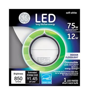 GE  LED Bulb  12 watts 850 lumens 2700 K Medium Base (E26)  PAR30  Soft White  75 watts equivalency