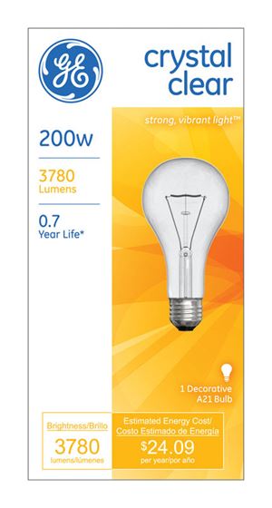 GE  Incandescent Light Bulb  200 watts 3780 lumens 2900 K A-Line  A21  Medium Base (E26)  1 pk