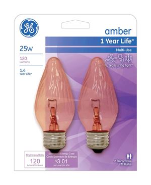 GE  Incandescent Amber Light Bulb  25 watts 120 lumens 2400 K Flame Tip  F15  Medium Base (E26)  2 p