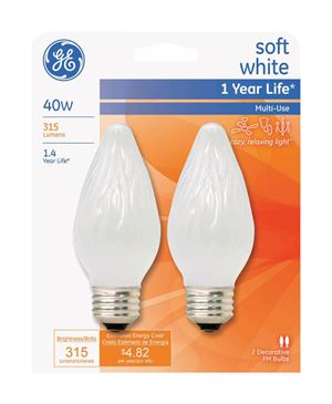 GE  Incandescent Light Bulb  40 watts 315 lumens 2500 K Flame Tip  F15  Medium Base (E26)  2 pk