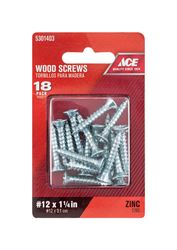 Ace  Flat  Wood Screw  No. 12   x 1-1/4 in. L Zinc  Steel  18 pk 