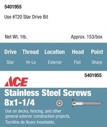 Ace No. 8 x 1-1/4 in. L Star Flat Head Stainless Steel Deck Screws 1 lb. 153 pk 
