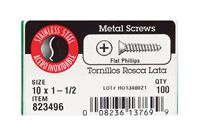 Hillman  Flat Head  Phillips Drive  Sheet Metal Screws  Stainless Steel  10   x 1-1/2 in. L 100 per 