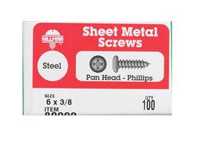 Hillman  Pan Head  Phillips Drive  Sheet Metal Screws  Steel  6   x 3/8 in. L 100 per box