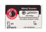Hillman  Oval Head  Phillips Drive  Sheet Metal Screws  Stainless Steel  6   x 3/4 in. L 100 per box 