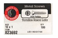 Hillman Oval Head Phillips Drive Sheet Metal Screws Stainless Steel 10 x 1 in. L 100 per box 