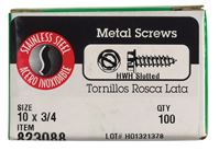 Hillman  Hex Washer  Slotted Drive  Sheet Metal Screws  Stainless Steel  10   x 3/4 in. L 100 per bo 