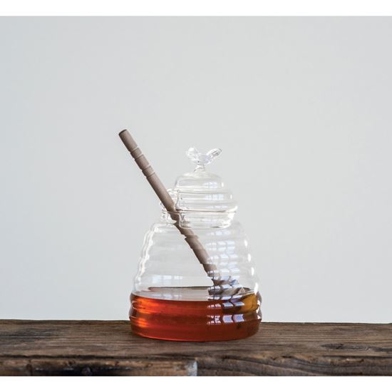 3-3/4 Round X 5 H Glass Honey Jar W/ Wood Honey Dipper, Set OF 2  - VSHE078V